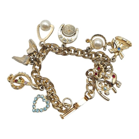 Multi Charm Shoe Heart Pearl Chain Bracelet Foldover Closure Gold Tone Vintage - Picture 5 of 6